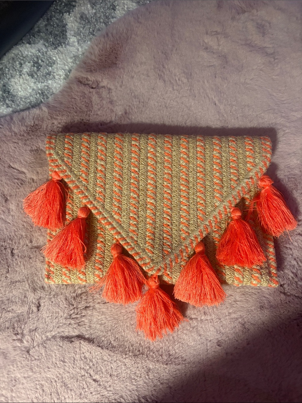 New Large Handwoven Orange Tassel Envelope Clutch